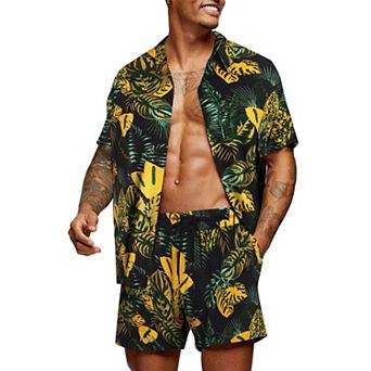 COOFANDY Men' Flower Shirt Hawaiian Matching Sets Casual Button Down Short Sleeve Shirt Two Piece