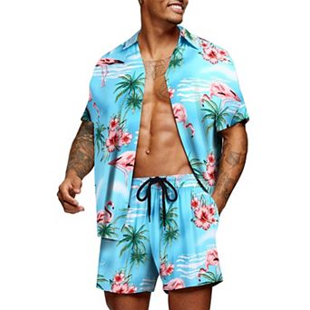 COOFANDY Men' Flower Shirt Hawaiian Matching Sets Casual Button Down Short Sleeve Shirt Two Piece