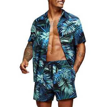 COOFANDY Men' Flower Shirt Hawaiian Matching Sets Casual Button Down Short Sleeve Shirt Two Piece