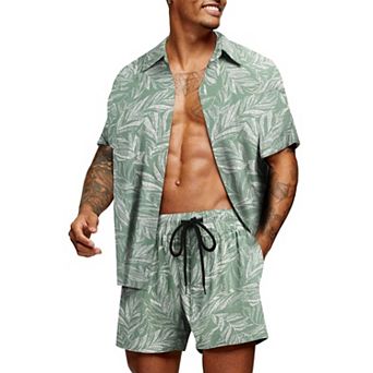 COOFANDY Men' Flower Shirt Hawaiian Matching Sets Casual Button Down Short Sleeve Shirt Two Piece