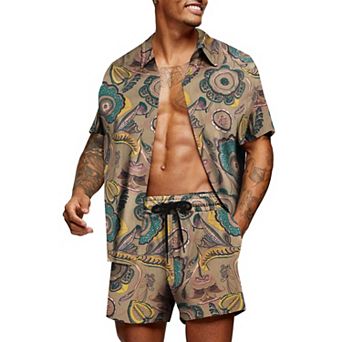 COOFANDY Men' Flower Shirt Hawaiian Matching Sets Casual Button Down Short Sleeve Shirt Two Piece