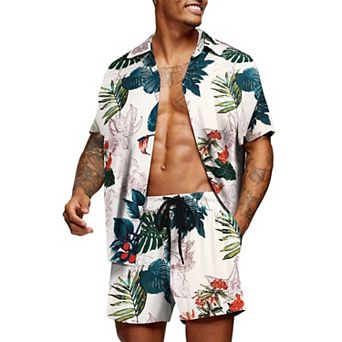 COOFANDY Men' Flower Shirt Hawaiian Matching Sets Casual Button Down Short Sleeve Shirt Two Piece