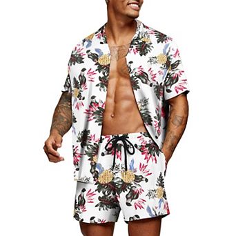 COOFANDY Men' Flower Shirt Hawaiian Matching Sets Casual Button Down Short Sleeve Shirt Two Piece