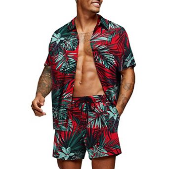 COOFANDY Men' Flower Shirt Hawaiian Matching Sets Casual Button Down Short Sleeve Shirt Two Piece