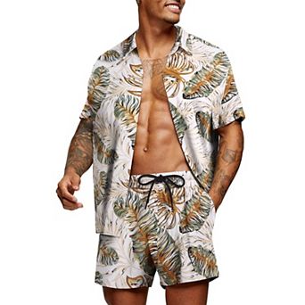 COOFANDY Men' Flower Shirt Hawaiian Matching Sets Casual Button Down Short Sleeve Shirt Two Piece