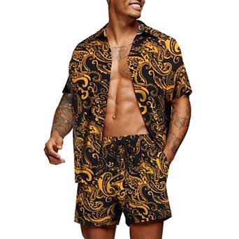 COOFANDY Men' Flower Shirt Hawaiian Matching Sets Casual Button Down Short Sleeve Shirt Two Piece