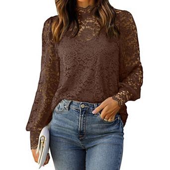 Zeagoo Women's Lace Long Sleeve Puffy Sleeve Dressy Casual Tops Date Night Blouses