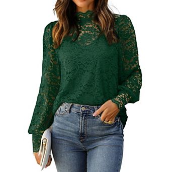 Zeagoo Women's Lace Long Sleeve Puffy Sleeve Dressy Casual Tops Date Night Blouses