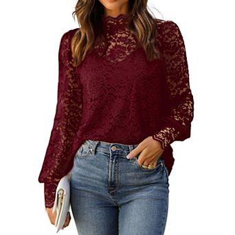 Zeagoo Women's Lace Long Sleeve Puffy Sleeve Dressy Casual Tops Date Night Blouses