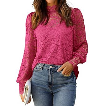 Zeagoo Women's Lace Long Sleeve Puffy Sleeve Dressy Casual Tops Date Night Blouses
