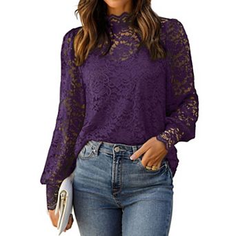 Zeagoo Women's Lace Long Sleeve Puffy Sleeve Dressy Casual Tops Date Night Blouses