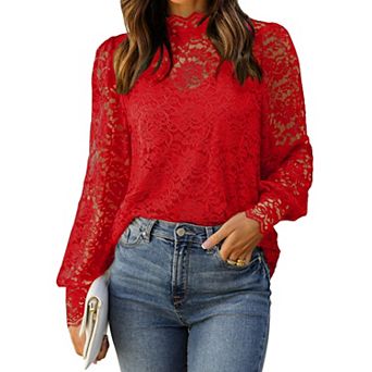 Zeagoo Women's Lace Long Sleeve Puffy Sleeve Dressy Casual Tops Date Night Blouses