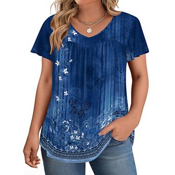 Zeagoo Women's Ruffle Sleeve V Neck Floral Print Tunic Tops Dressy Summer Plus Size Blouses