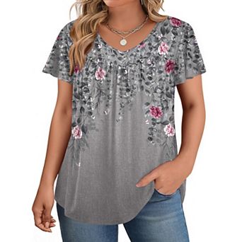 Zeagoo Women's Ruffle Sleeve V Neck Floral Print Tunic Tops Dressy Summer Plus Size Blouses
