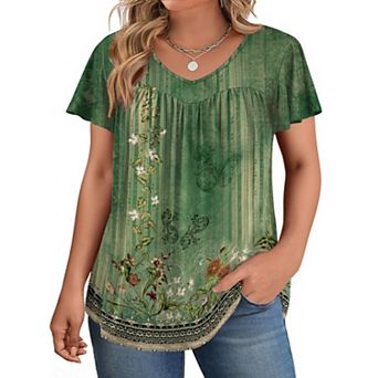 Zeagoo Women's Ruffle Sleeve V Neck Floral Print Tunic Tops Dressy Summer Plus Size Blouses