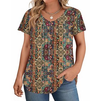 Zeagoo Women's Ruffle Sleeve V Neck Floral Print Tunic Tops Dressy Summer Plus Size Blouses