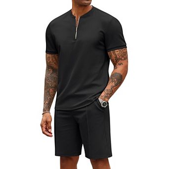 COOFANDY Men' 2 pc Outfits Casual Quarter Zip Polo T Shirt and Shorts Set Athletic Jogging
