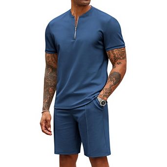 COOFANDY Men' 2 pc Outfits Casual Quarter Zip Polo T Shirt and Shorts Set Athletic Jogging