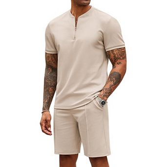 COOFANDY Men' 2 pc Outfits Casual Quarter Zip Polo T Shirt and Shorts Set Athletic Jogging