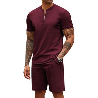 COOFANDY Men' 2 pc Outfits Casual Quarter Zip Polo T Shirt and Shorts Set Athletic Jogging