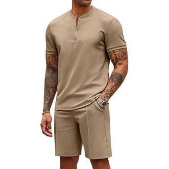 COOFANDY Men' 2 pc Outfits Casual Quarter Zip Polo T Shirt and Shorts Set Athletic Jogging