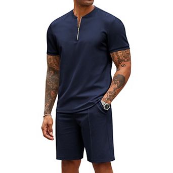 COOFANDY Men' 2 pc Outfits Casual Quarter Zip Polo T Shirt and Shorts Set Athletic Jogging