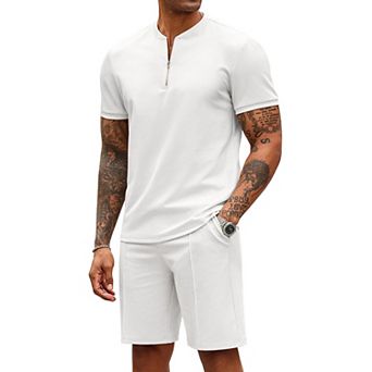 COOFANDY Men' 2 pc Outfits Casual Quarter Zip Polo T Shirt and Shorts Set Athletic Jogging