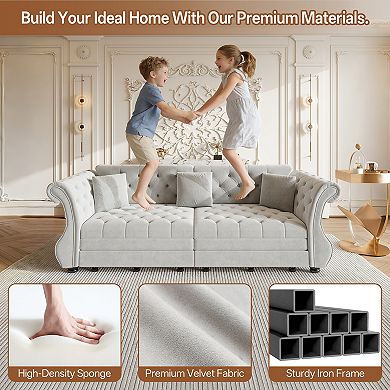 Merax Convertible Velvet Sofa Bed, Chesterfield Flower Tufted Pull Out Sofa Bed with Rolled Arms