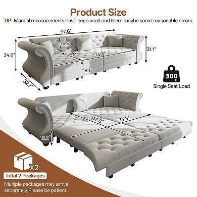 Merax Convertible Velvet Sofa Bed, Chesterfield Flower Tufted Pull Out Sofa Bed with Rolled Arms