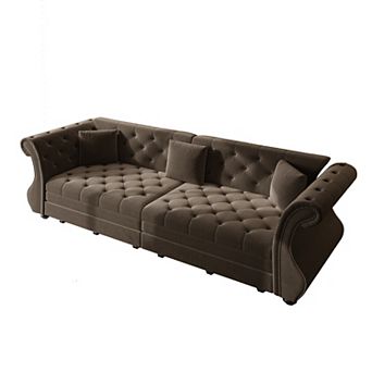 Merax Convertible Velvet Sofa Bed, Chesterfield Flower Tufted Pull Out Sofa Bed with Rolled Arms