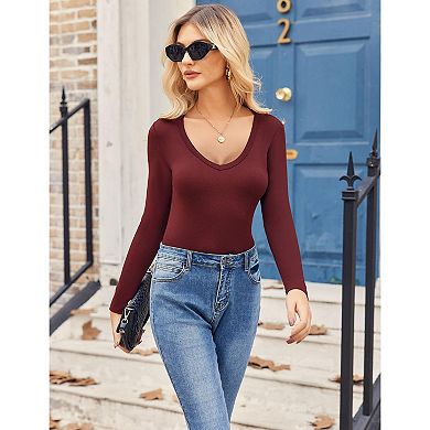 Zeagoo Women's V Neck Long Sleeve Slim Fitted Tops Basic Fall Winter Tee 2 Pack
