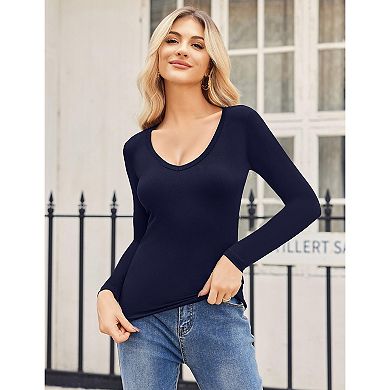 Zeagoo Women's V Neck Long Sleeve Slim Fitted Tops Basic Fall Winter Tee 2 Pack