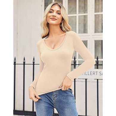 Zeagoo Women's V Neck Long Sleeve Slim Fitted Tops Basic Fall Winter Tee 2 Pack