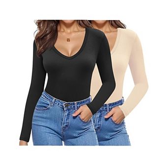 Zeagoo Women's V Neck Long Sleeve Slim Fitted Tops Basic Fall Winter Tee 2 Pack