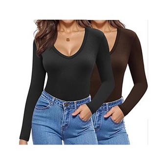 Zeagoo Women's V Neck Long Sleeve Slim Fitted Tops Basic Fall Winter Tee 2 Pack