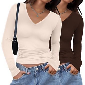 Zeagoo Women's V Neck Long Sleeve Slim Fitted Tops Basic Fall Winter Tee 2 Pack