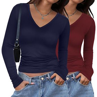 Zeagoo Women's V Neck Long Sleeve Slim Fitted Tops Basic Fall Winter Tee 2 Pack