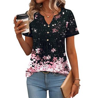 Zeagoo Women's Summer Short Sleeve Pleated V Neck Loose Floral Tshirts Casual Comfy Boho Tops