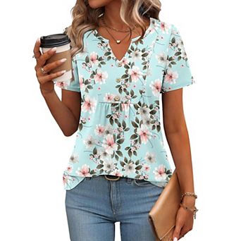 Zeagoo Women's Summer Short Sleeve Pleated V Neck Loose Floral Tshirts Casual Comfy Boho Tops
