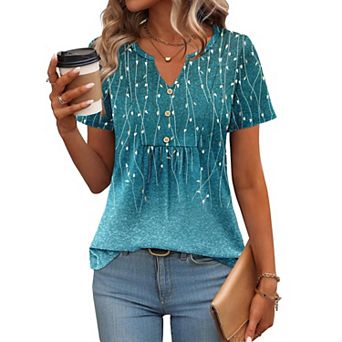 Zeagoo Women's Summer Short Sleeve Pleated V Neck Loose Floral Tshirts Casual Comfy Boho Tops