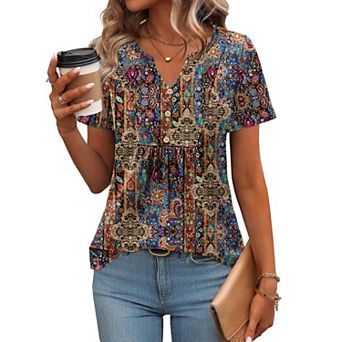 Zeagoo Women's Summer Short Sleeve Pleated V Neck Loose Floral Tshirts Casual Comfy Boho Tops