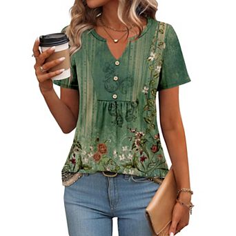 Zeagoo Women's Summer Short Sleeve Pleated V Neck Loose Floral Tshirts Casual Comfy Boho Tops