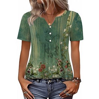 Zeagoo Women's Summer Short Sleeve Pleated V Neck Loose Floral Tshirts Casual Comfy Boho Tops