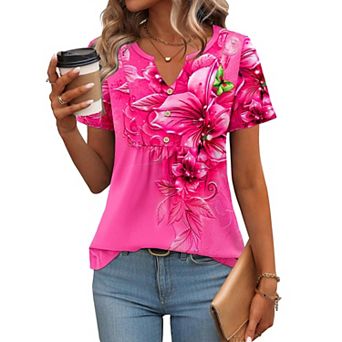 Zeagoo Women's Summer Short Sleeve Pleated V Neck Loose Floral Tshirts Casual Comfy Boho Tops