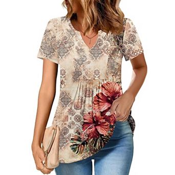 Zeagoo Women's Summer Short Sleeve Pleated V Neck Loose Floral Tshirts Casual Comfy Boho Tops