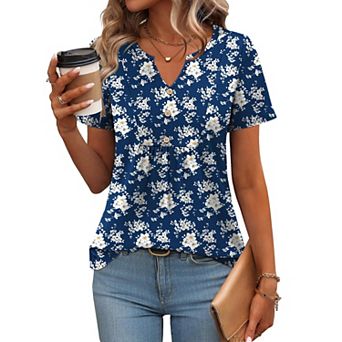 Zeagoo Women's Summer Short Sleeve Pleated V Neck Loose Floral Tshirts Casual Comfy Boho Tops