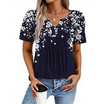 Zeagoo Women's Summer Short Sleeve Pleated V Neck Loose Floral Tshirts Casual Comfy Boho Tops