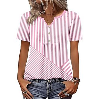 Zeagoo Women's Summer Short Sleeve Pleated V Neck Loose Floral Tshirts Casual Comfy Boho Tops