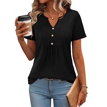 Zeagoo Women's Summer Short Sleeve Pleated V Neck Loose Floral Tshirts Casual Comfy Boho Tops