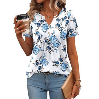 Zeagoo Women's Summer Short Sleeve Pleated V Neck Loose Floral Tshirts Casual Comfy Boho Tops